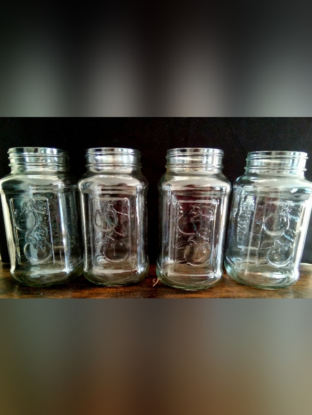 Set 4 Vintage Square Mason Jars Clear Quart Glass Raised Embossed Tomato Design